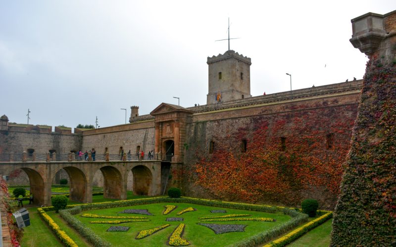 Barcelona, Spain - Nov 25, 2014: The fortified walls of Montjuic castle on the summit of Montjuic hill. The castle in its present form dates from 1779.