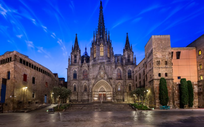 Angels Flying in front of the Cathedral of the Holy Cross and Saint Eulalia, Barcelona, Catalonia, Spain