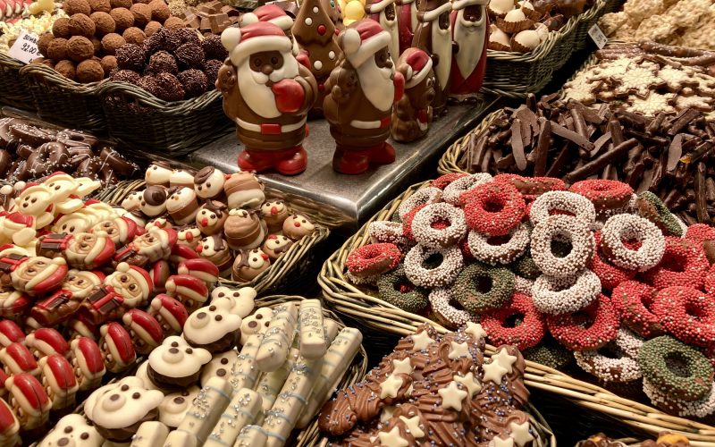 Spain - Barcelona - Mercat de la Boqueria- christmas chocolate and biscuits