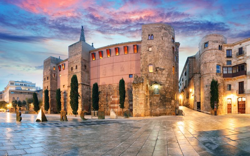 Panorama of Ancient Roman Gate and Placa Nova, Barri Gothic Quarter, Barcelona, Spain