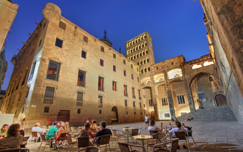 Barcelona, Spain - July 30, 2012: Night scene of Place del Rei, one of the oldest squares in Barcelona, Spain.