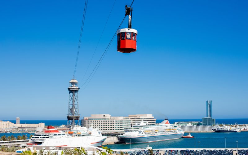 Funicular in Barcelona at summer day.  Cablecar over the port in Barcelona, Spain. Aerial panoramic view over Port Vell marina from Montjuic "n